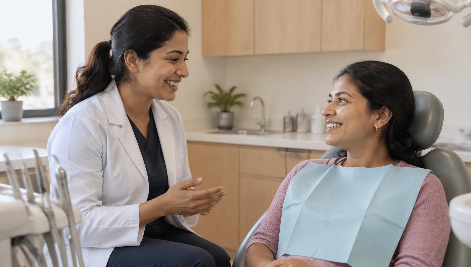 A dentist in a white coat talking with a patient seated in a modern dental chair