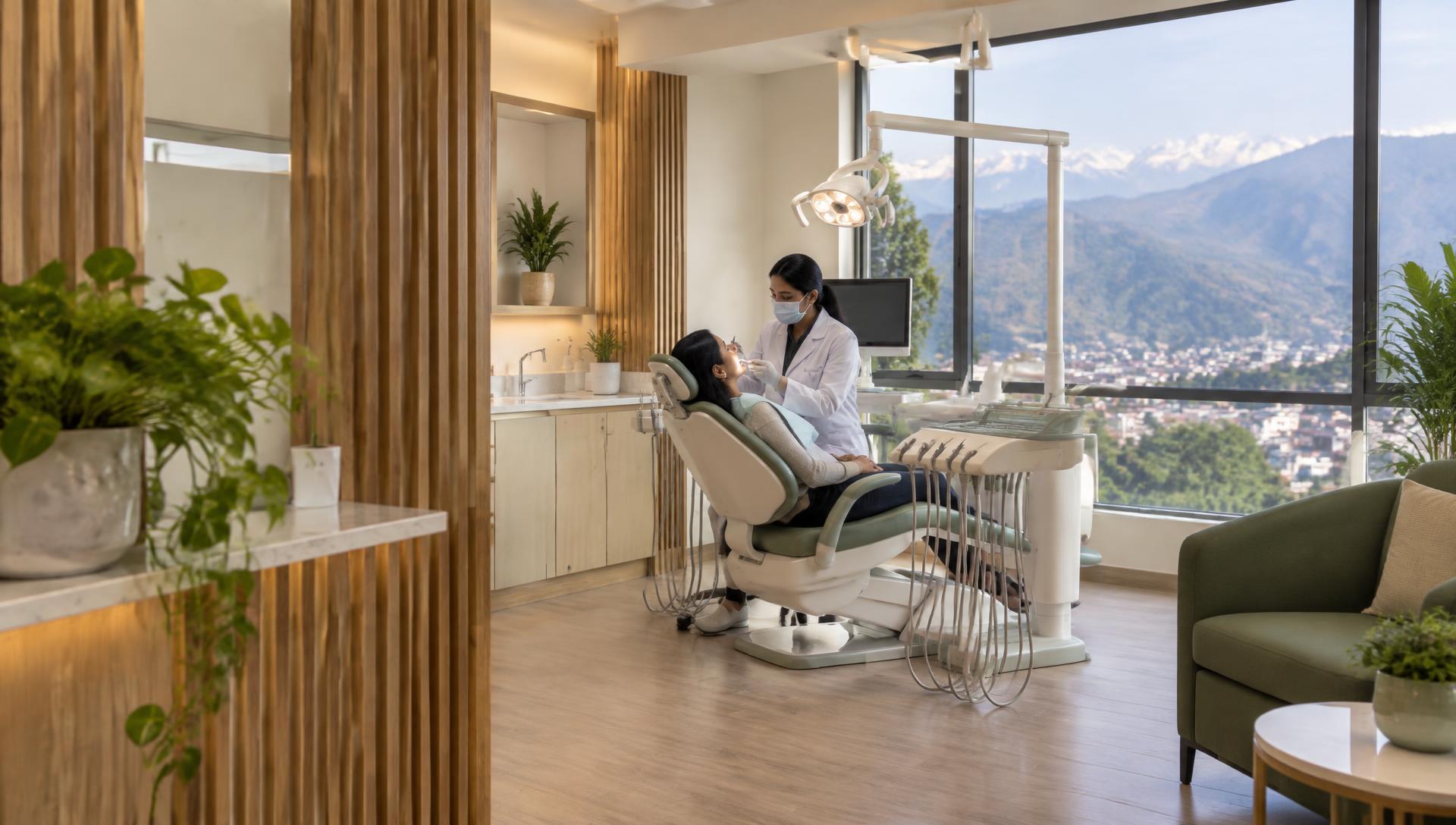 The calm, modern treatment room at Happy Dental with daylight and greenery